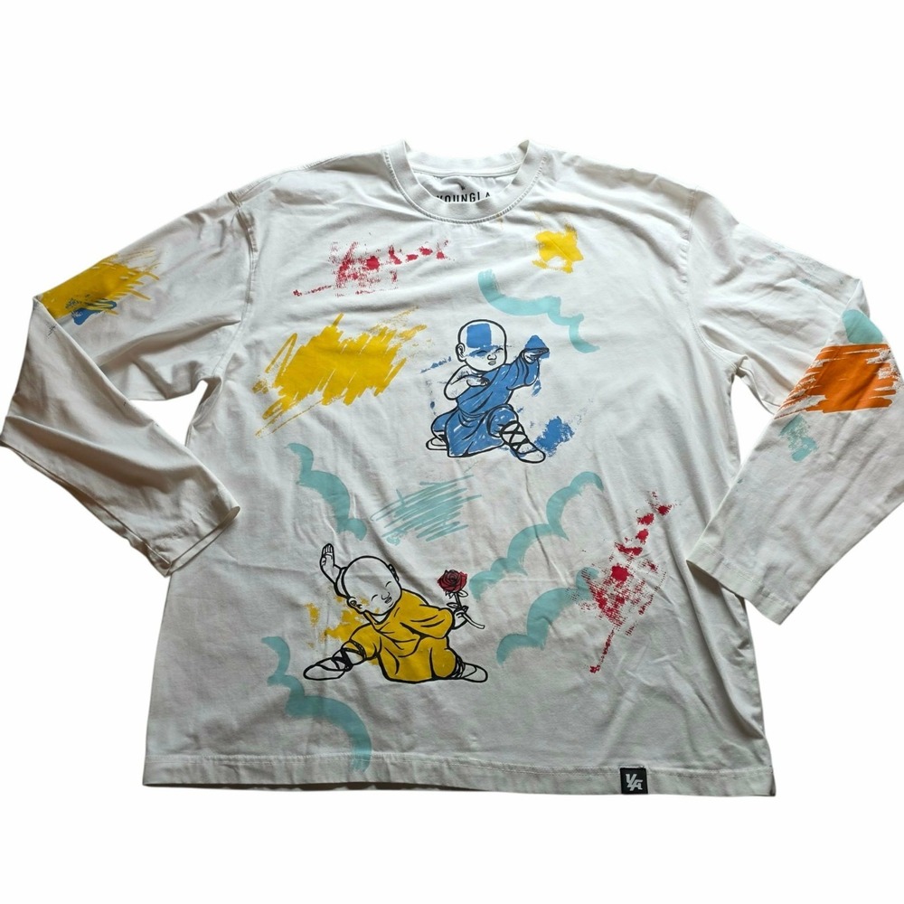 YOUNGLA Shirt Little Monk Spray Paint Splatter Graphic Long Sleeve Streetwear L